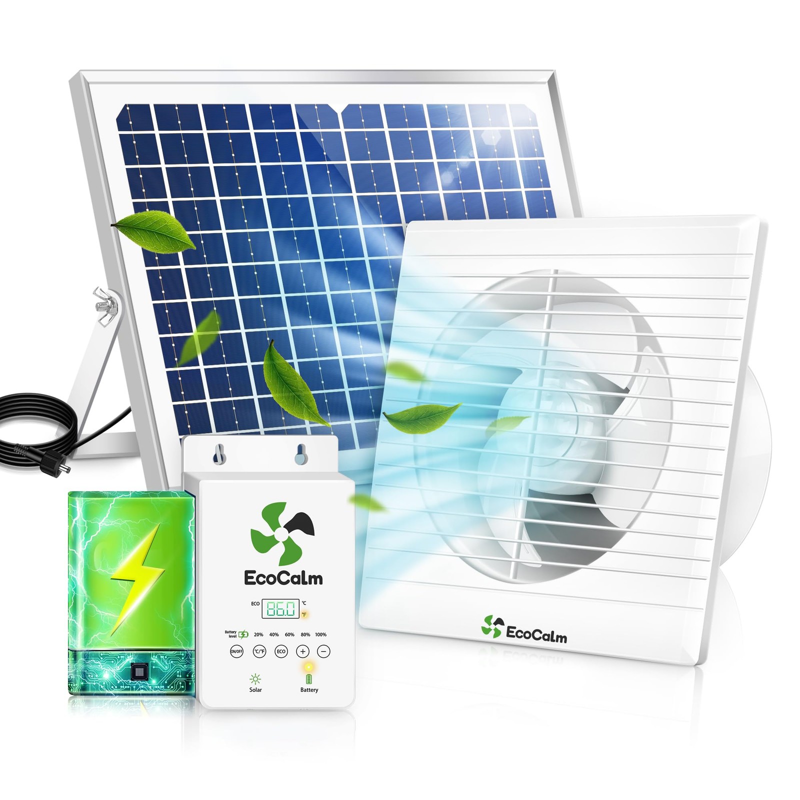 ecoCalm Solar Fan with Battery and Adjustable Thermostat, 8" Solar Powered Fa...