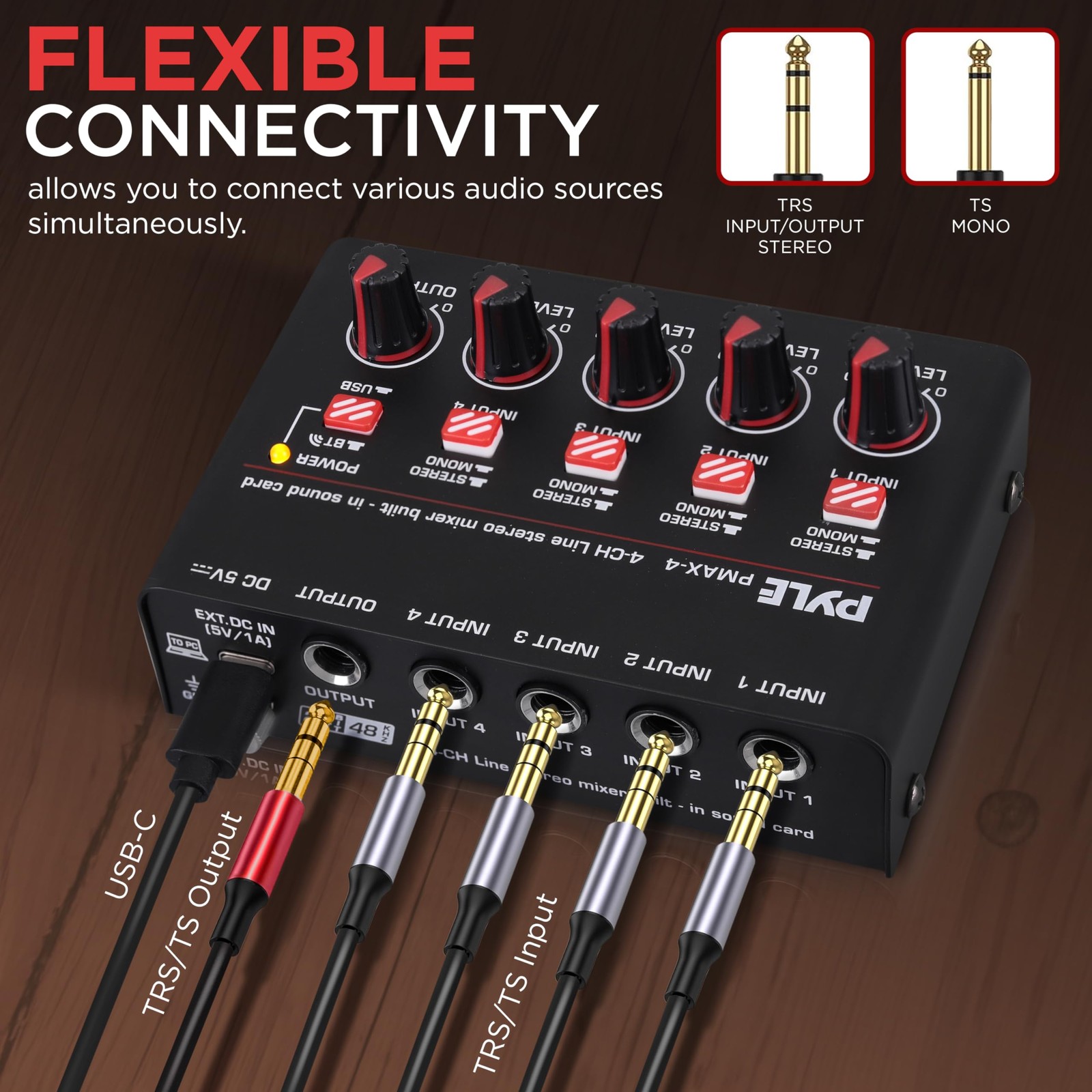 Pyle 4-Channel Wireless Bluetooth 5.0 Line Mixer - USB Audio One Size, Black