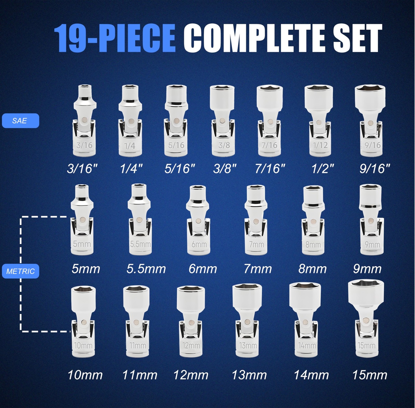 19-Piece 1/4" Drive Universal Joint Socket Set, Swivel Socket Set & Wobble So...