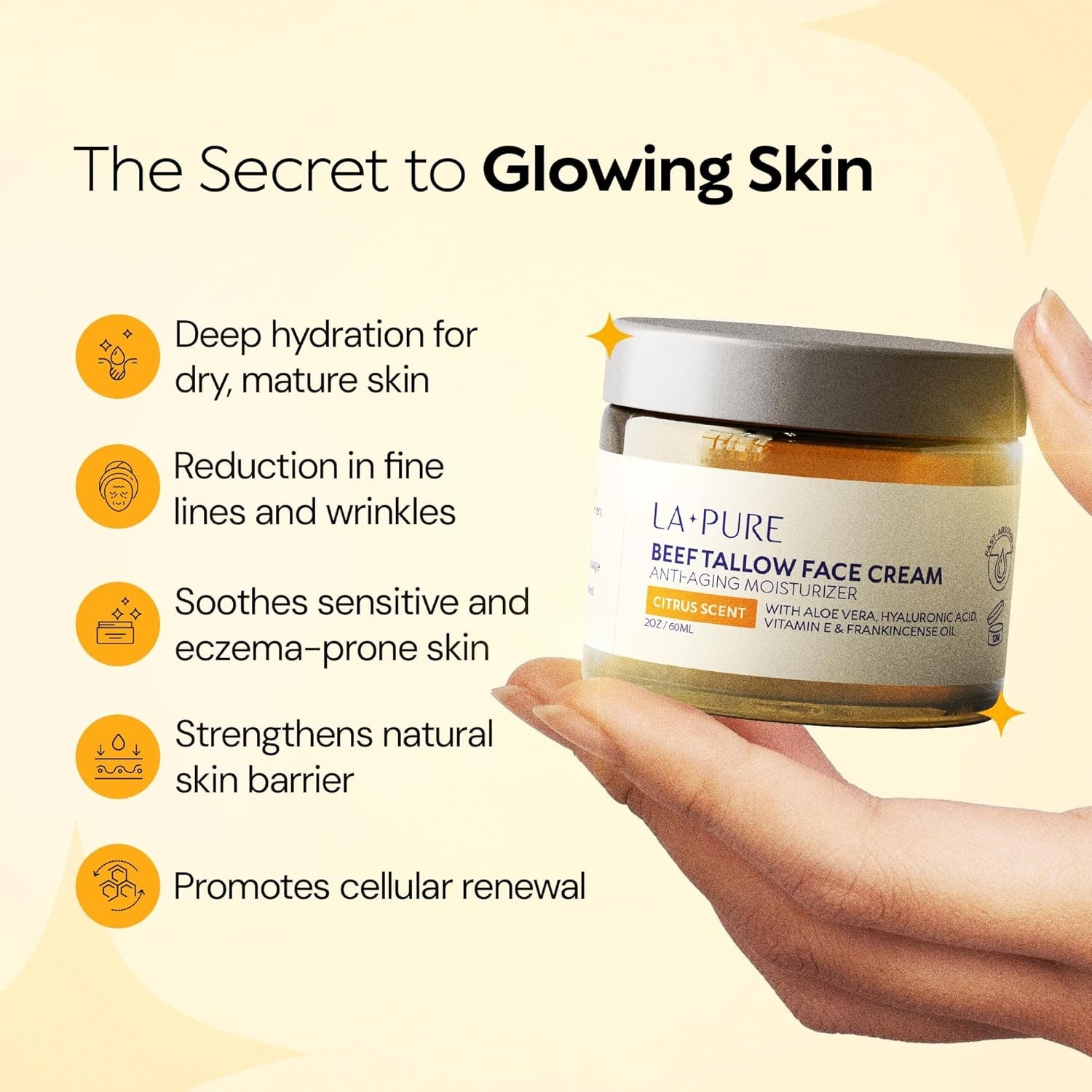 Beef Tallow for Skin, Grass-Fed Tallow Face Cream with Hyaluronic Acid, Aloe Ver