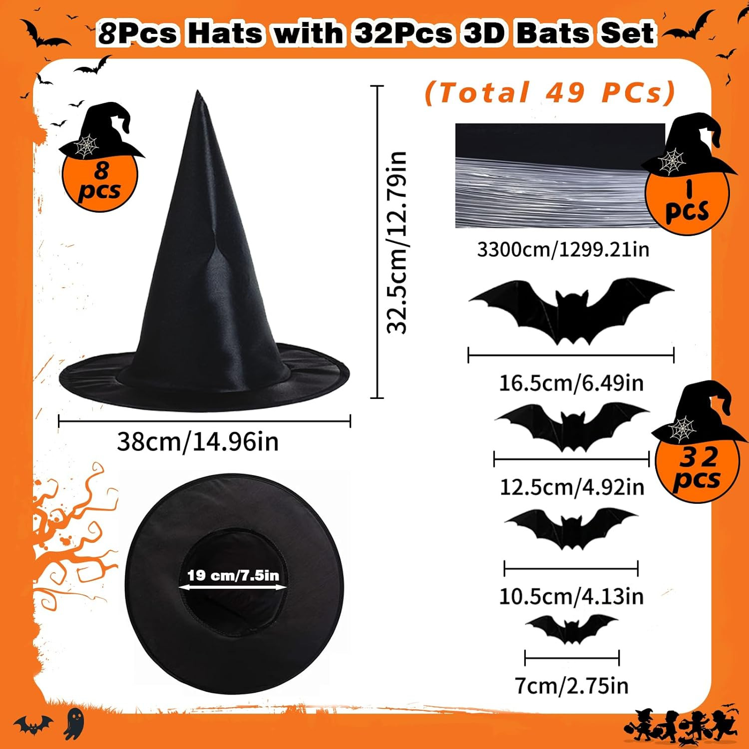 Witch Hat Decorations-8PC Black Hanging Witch Hats & 32PC 3D Bat,Halloween Decor