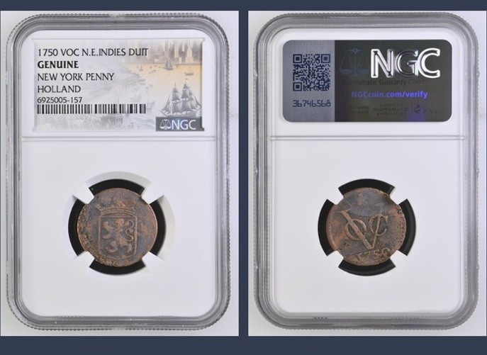 1750 New York Penny Netherlands Dutch East Indies Colonial Duit NGC Genuine