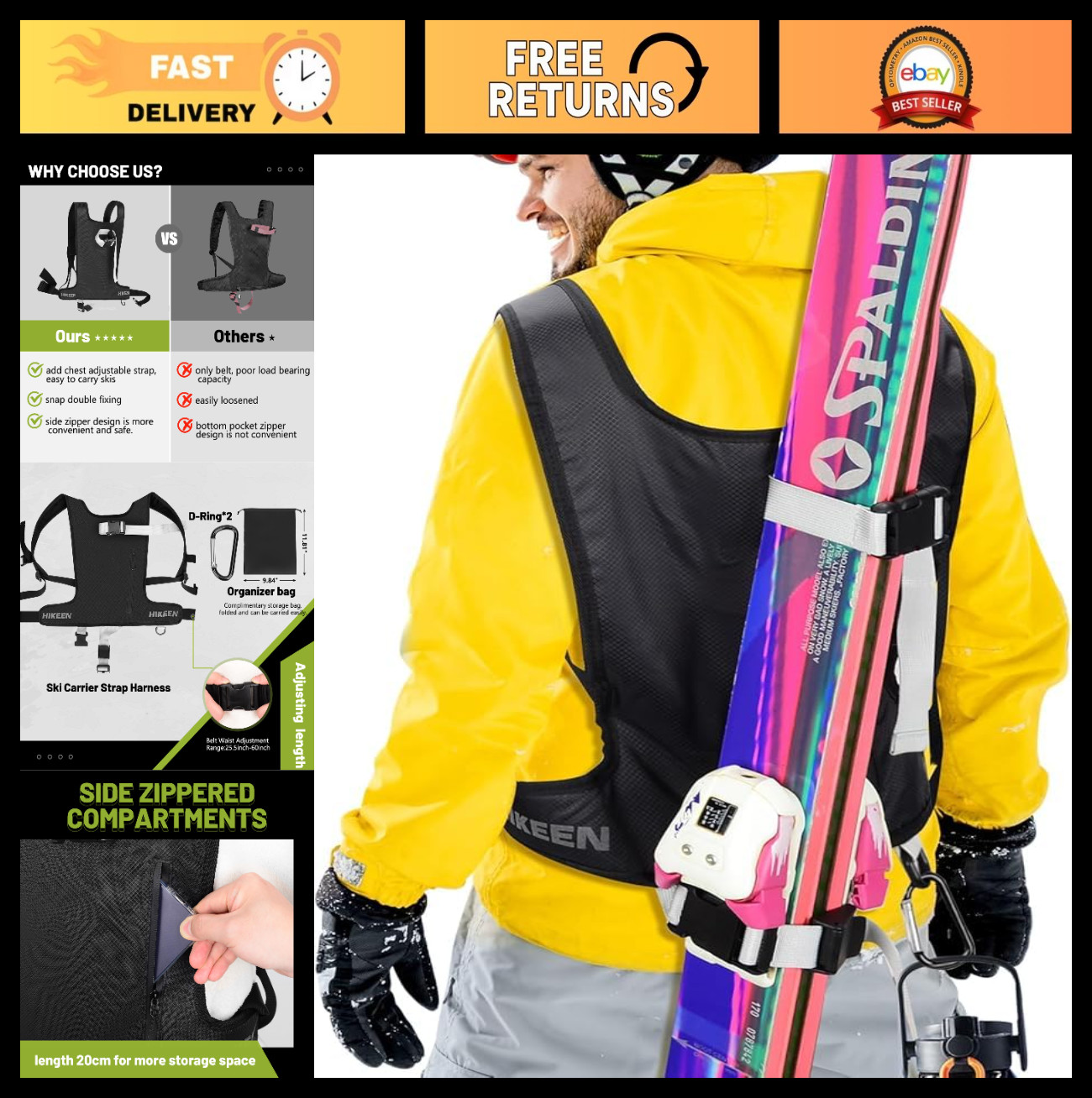 Ski Strap & Poles Backpack Shoulder Strap - Hands-Free Transport for Ski Gear