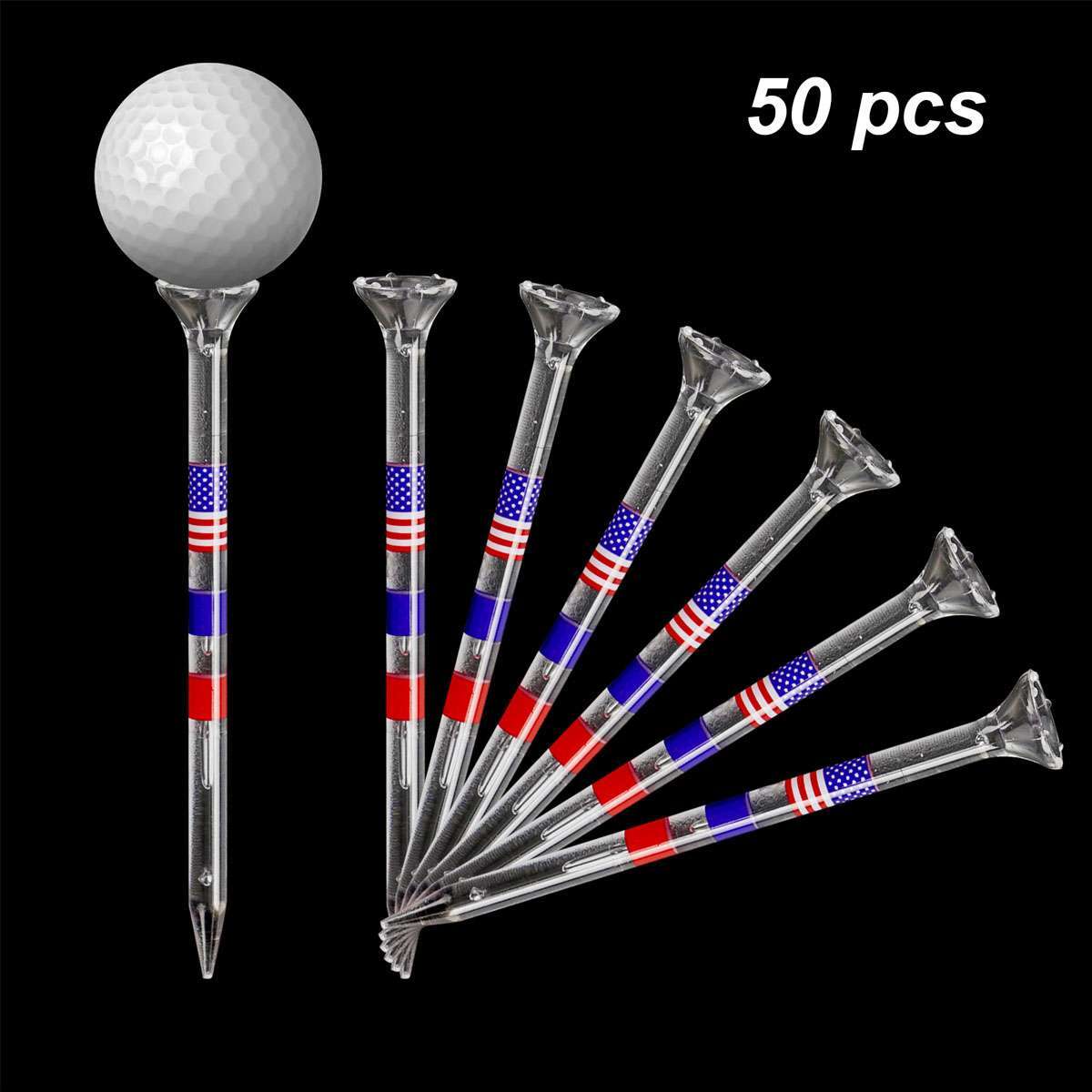 50Pcs Set 3 1/4'' Plastic Golf Tees with Big Cup USA American Flag 3.2inch High