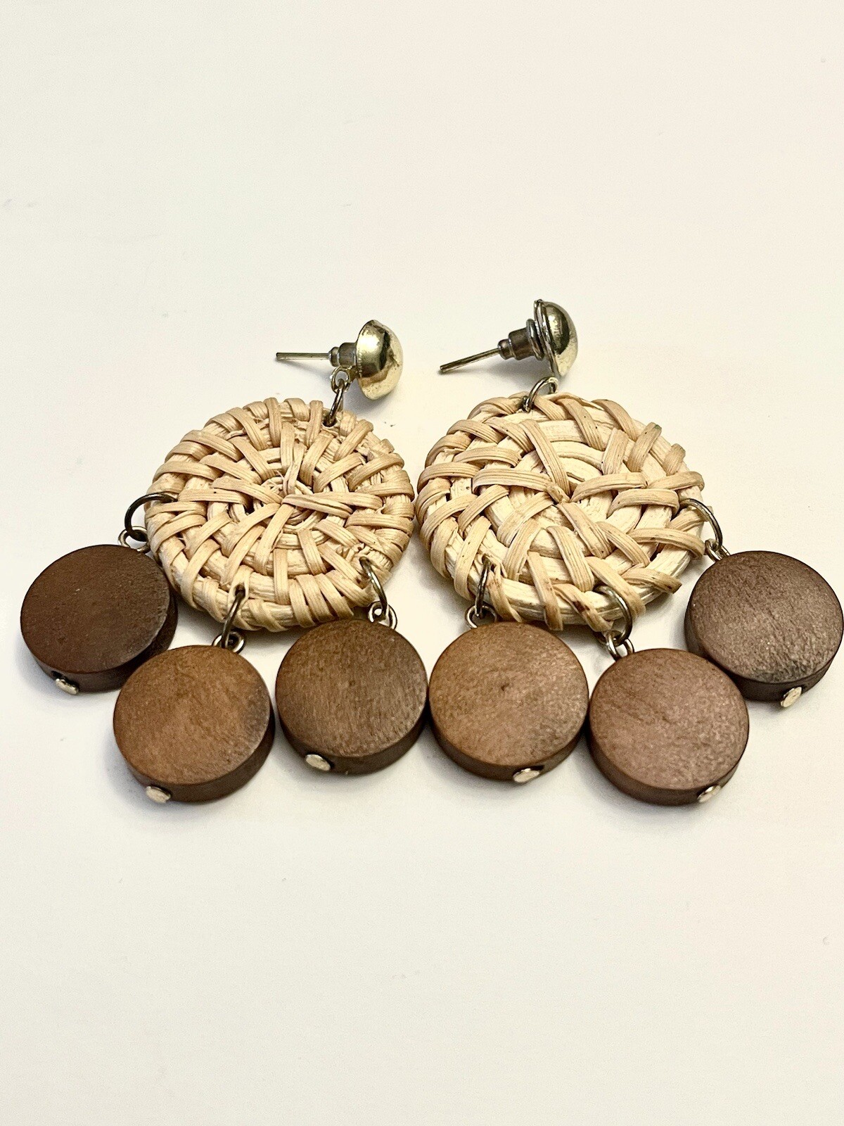 Retro Rattan Wicker Wood Dangle Pierced Earrings Boho