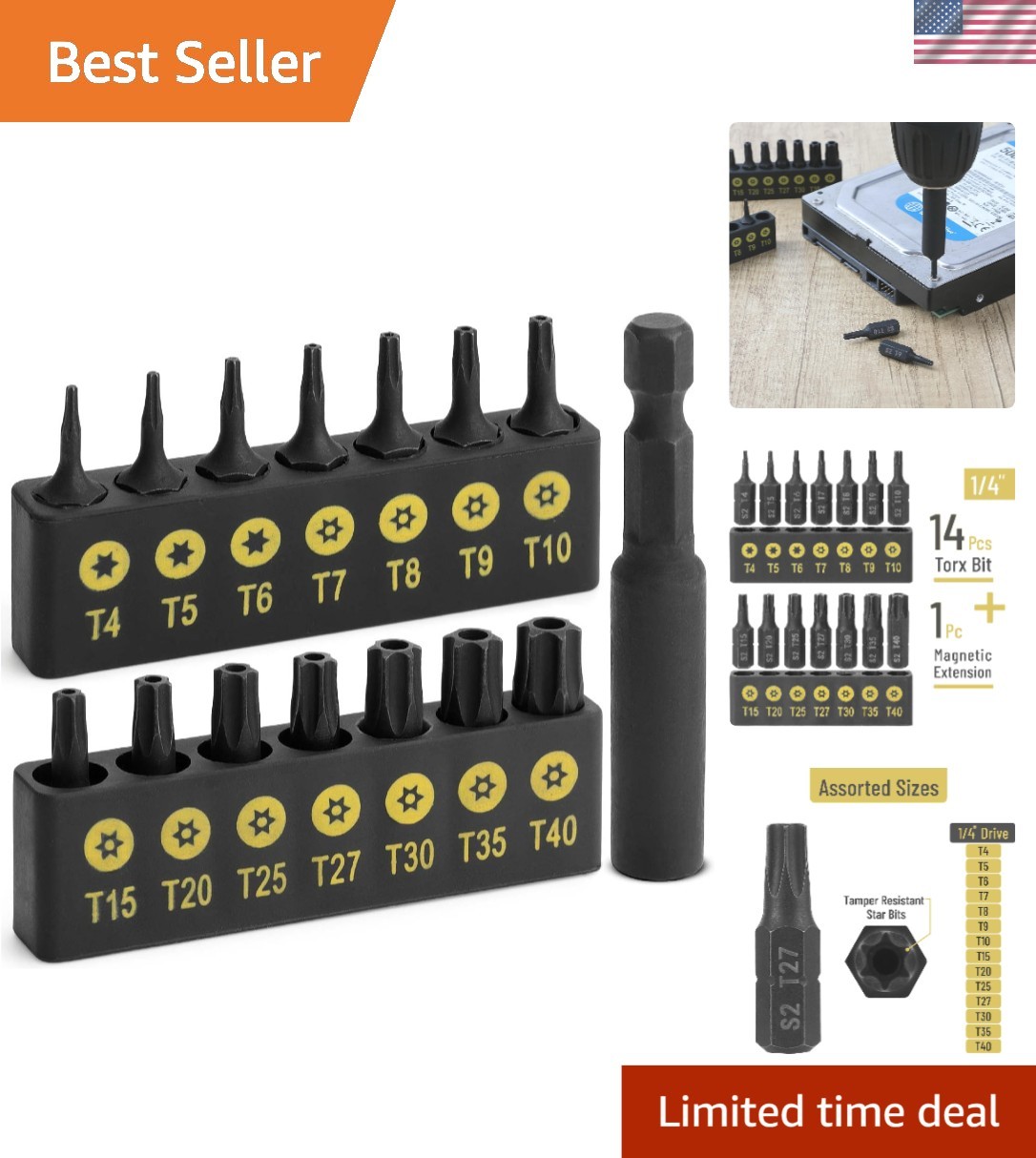 Precision Bates Tamper Proof Torx Bit Set - 15 Sizes T4 to T40 Included