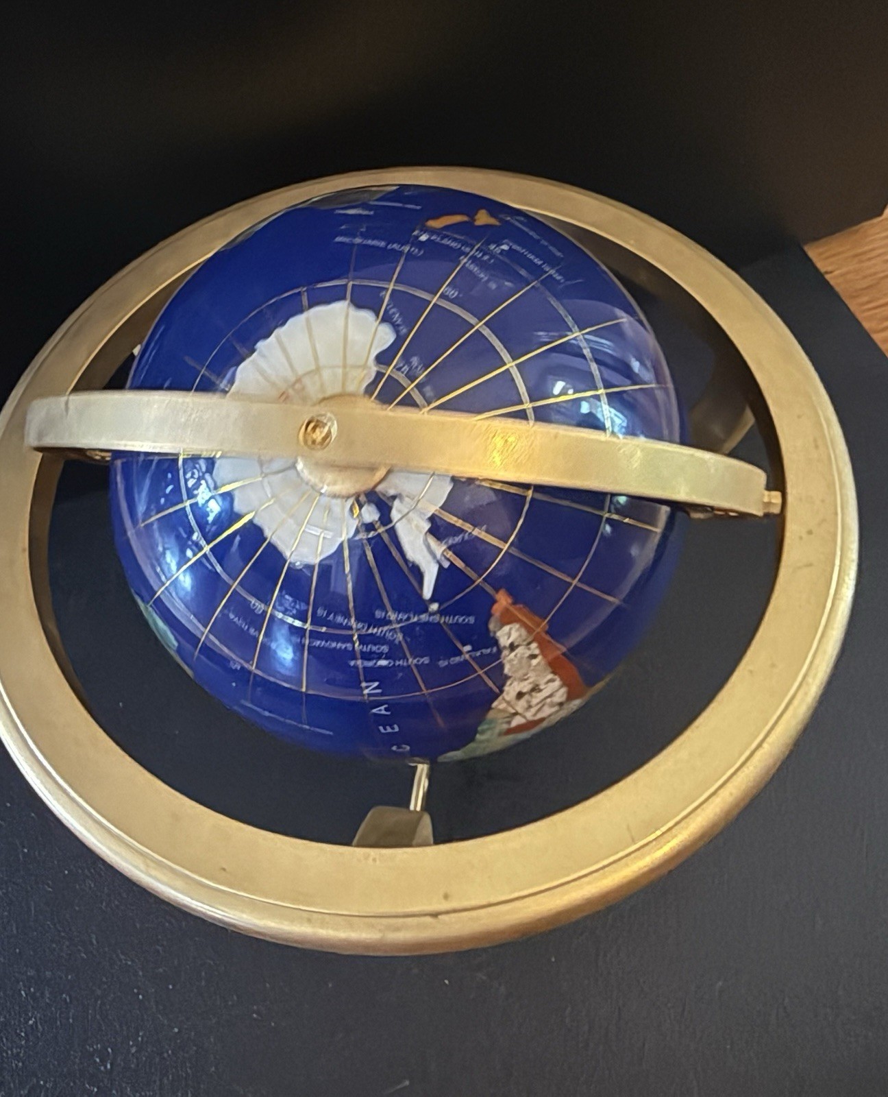 Blue Lapis Tabletop Globe, Rotating, compass, Gold-Finish tripod Base