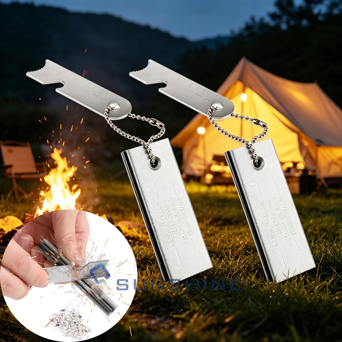 2PCS Ferro Rod Fire Starter W/ Bottle Opener And Magnesium Scraper Flint Striker