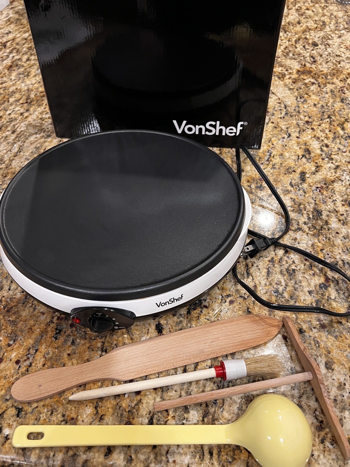 VonShef Electric Crepe Maker 12 Inch White with supplies