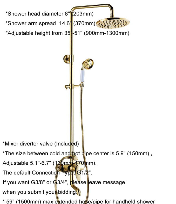 Wall Mounted Gold Brass Bathroom Rainfall Shower Faucet Set Tub Mixer Tap 2gf312