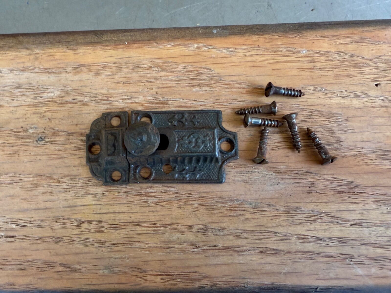 Vintage Ornate Eastlake Victorian Cabinet Door Bolt Lock Latch w/ Keeper Screws