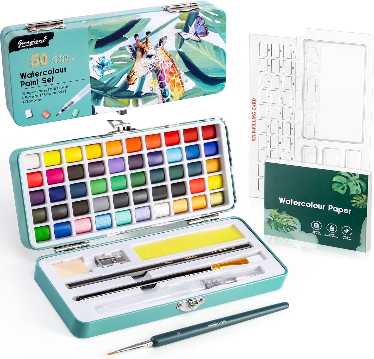 50 Colors Watercolor Paint Set, With Watercolor Paper, Palette, Brushes, Water