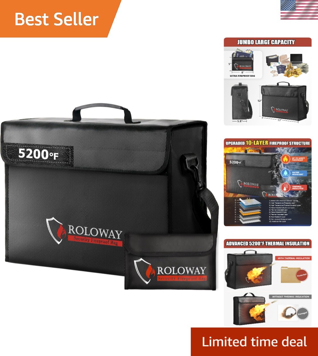 Large Fireproof Bag - 5200℉ Heat Insulated 17 x 12 x 5.8 Inches for Valuables