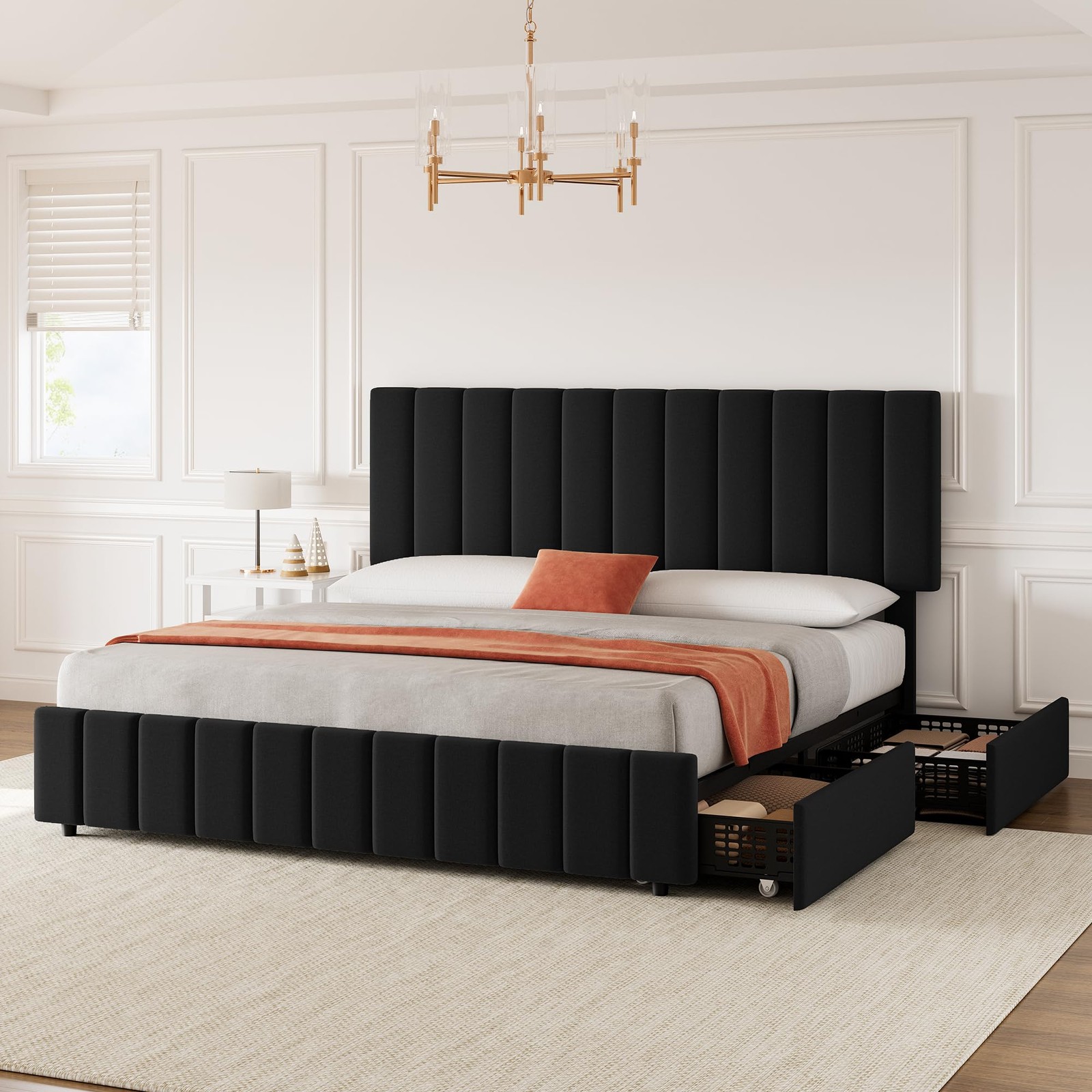 King Size Bed Frame Headboard Linen Upholstered Platform Bed Frame w/ 4 Drawers