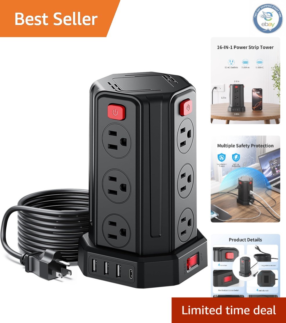 Versatile 16-in-1 Power Strip: 6.5 Ft Surge Protector with USB + Smart Switches