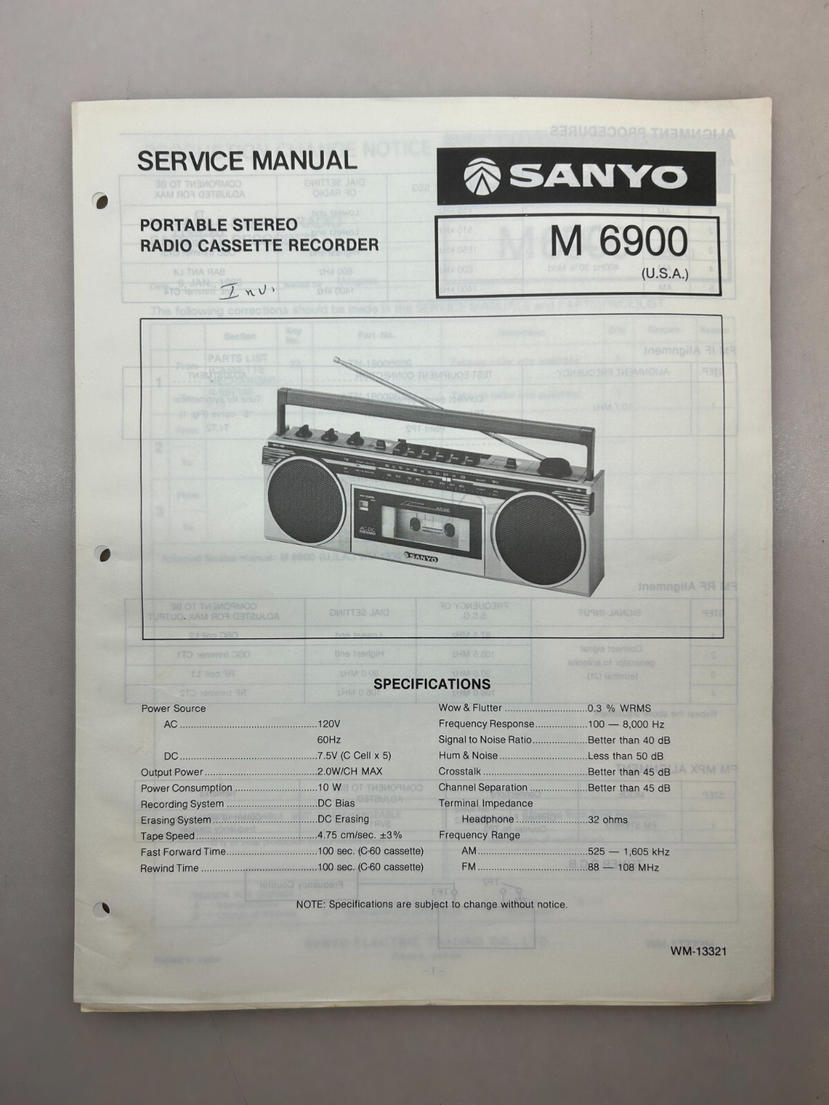 Sanyo M 6900 Original Service Manual Free Shipping