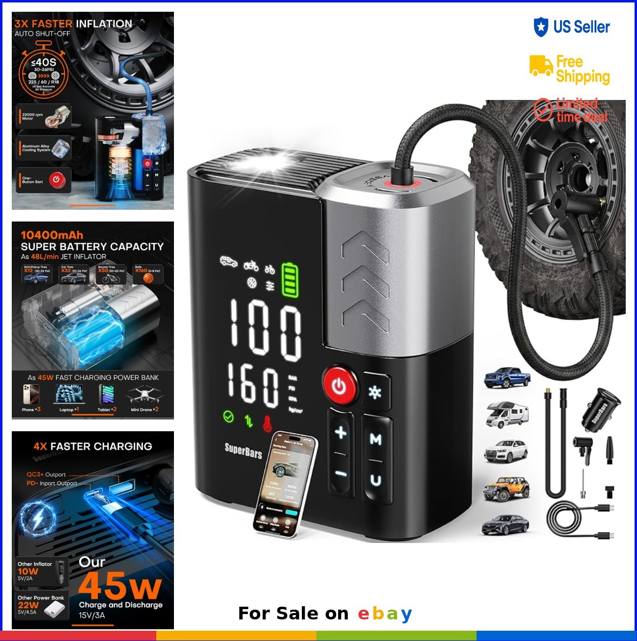 Portable Tire Inflator Air Compressor 160PSI 48LPM Cordless 10400mAh Battery Fas