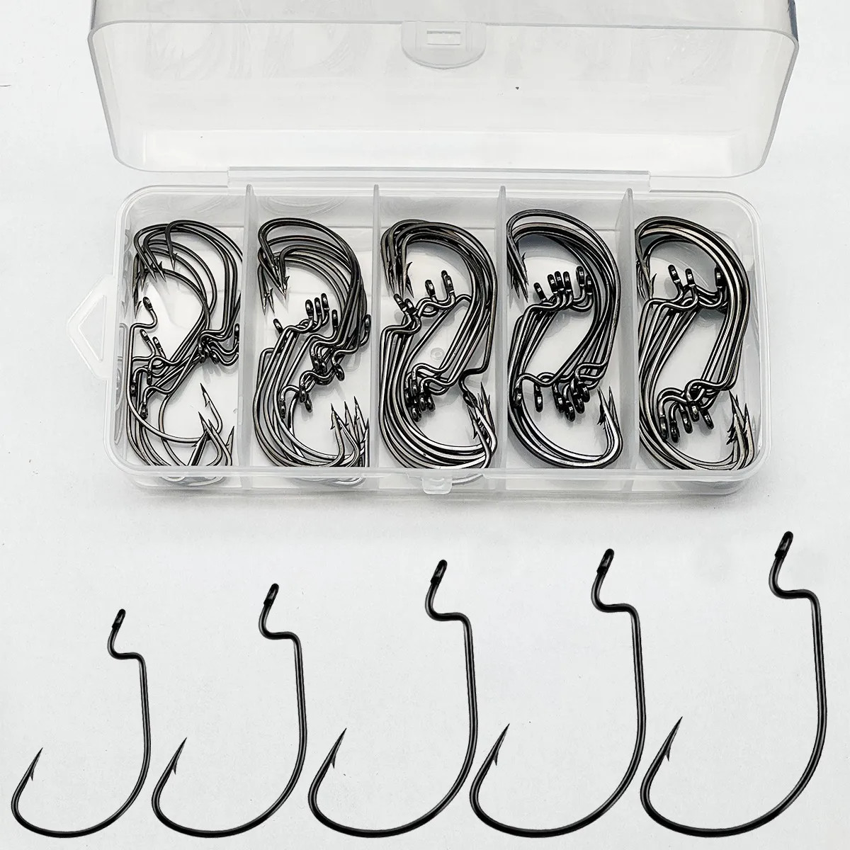50Pcs Wide Gap Fishing Hooks 5 Sizes 1/0#-5/0# Hadsu with Storage Box