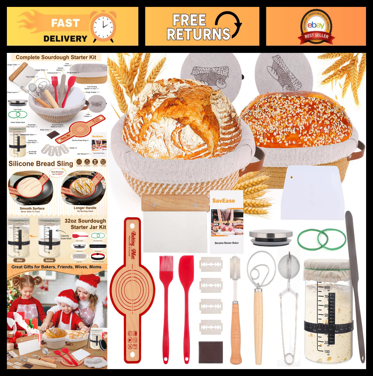 Sourdough Starter Kit - Complete Bread Baking Supplies, Proofing Baskets & Tools