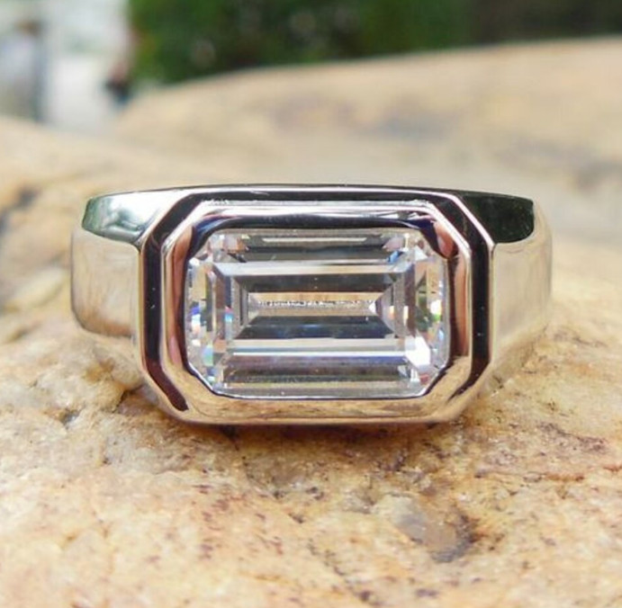 Emerald Cut Bezel Set 2.20CT Diamond Luxury Men's Ring In 935 Argentium Silver