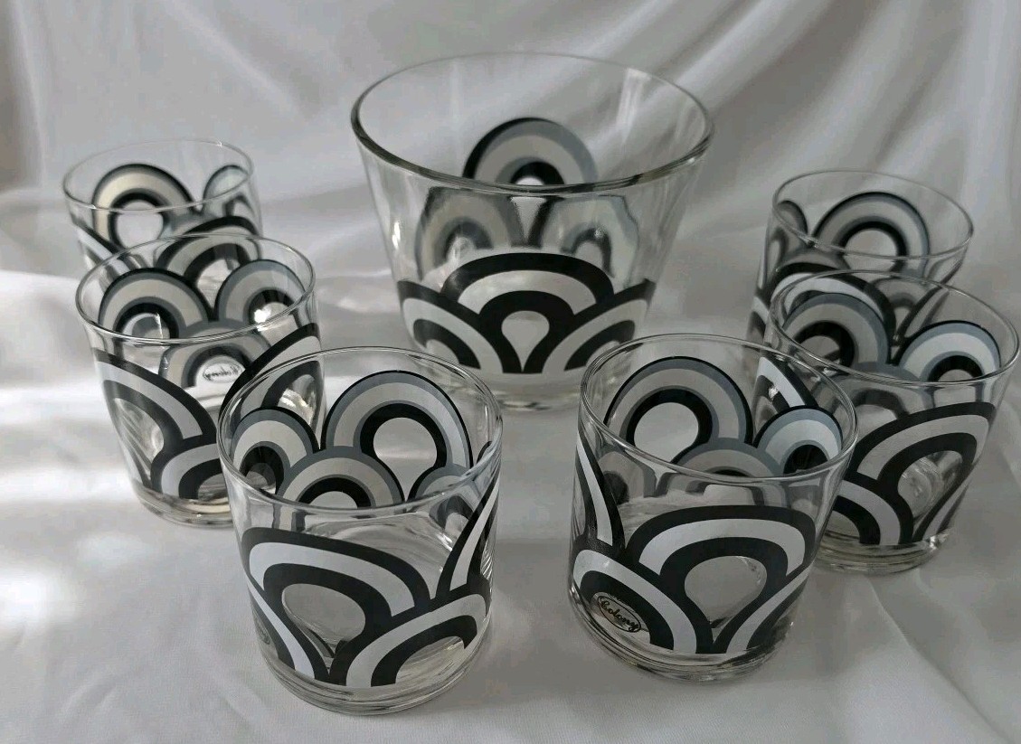 1960s Colony Glass Black & White Rainbow Ice Bucket & 6 On The Rocks Glasses