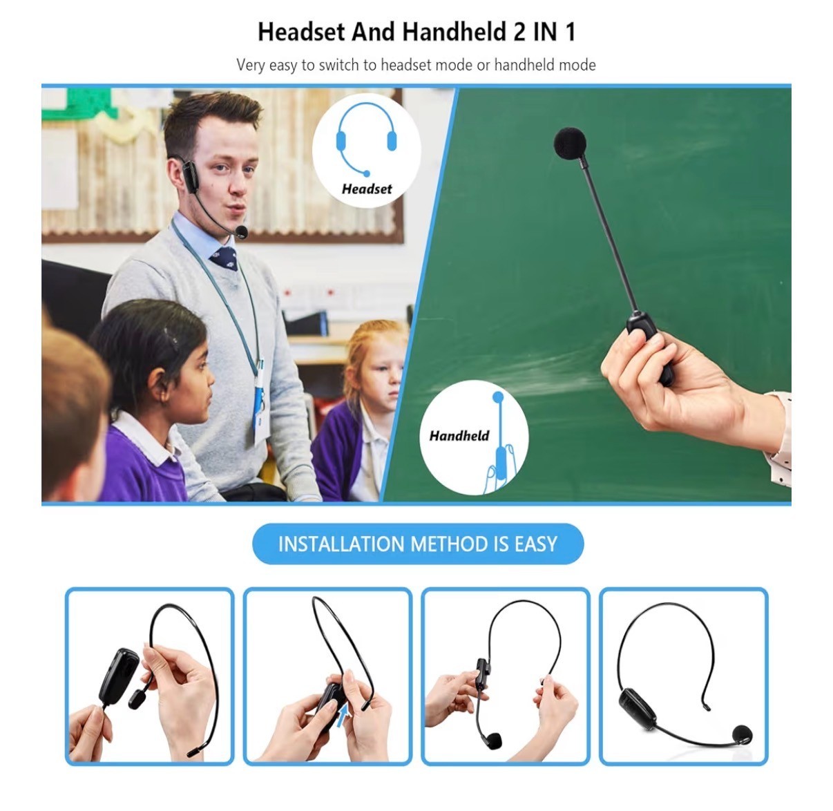 Bietrun WXM01 UHF Wireless Headset Microphone System 2-in-1 w/ Receiver