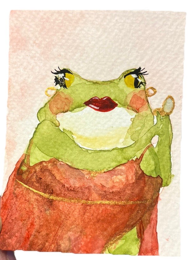 ACEO PRINT Valentines Day Date Night Frog Lady Watercolor Painting 3.5x2.5 in
