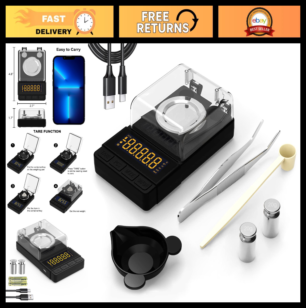 Precision Digital Milligram Scale 50g/0.001g, Compact Reloading Scale with Calib