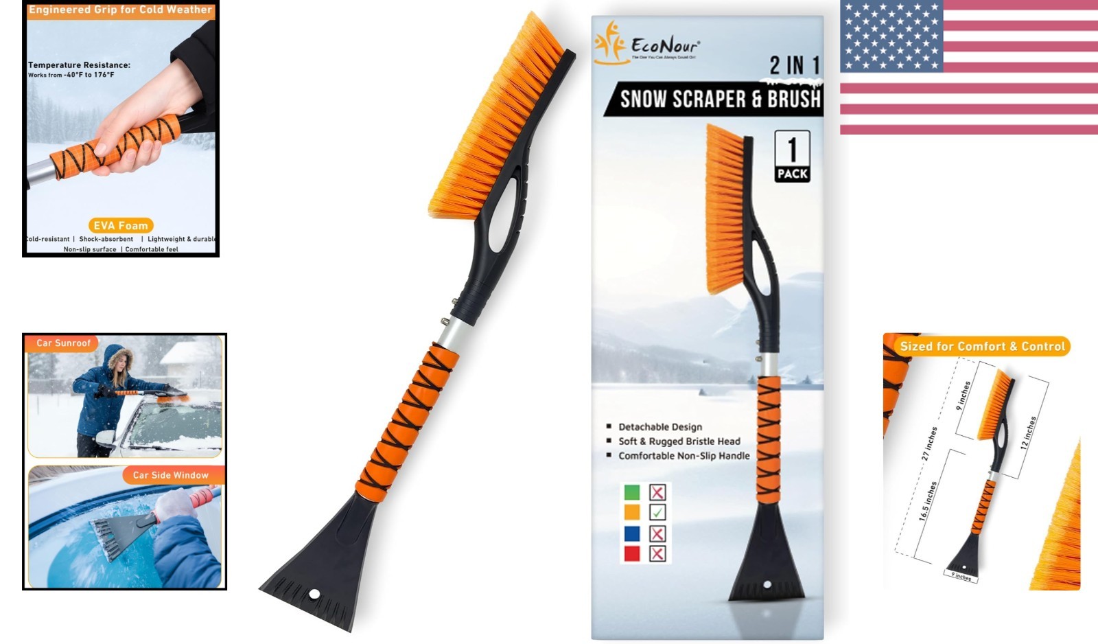 27" Ergonomic Aluminum Ice Scraper & Snow Brush for Efficient Winter Clearing