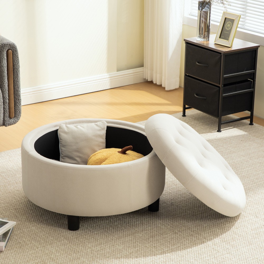 29.33inUpholstered Round Ottoman With Reversible Lid Fleece Fabric Storage Stool