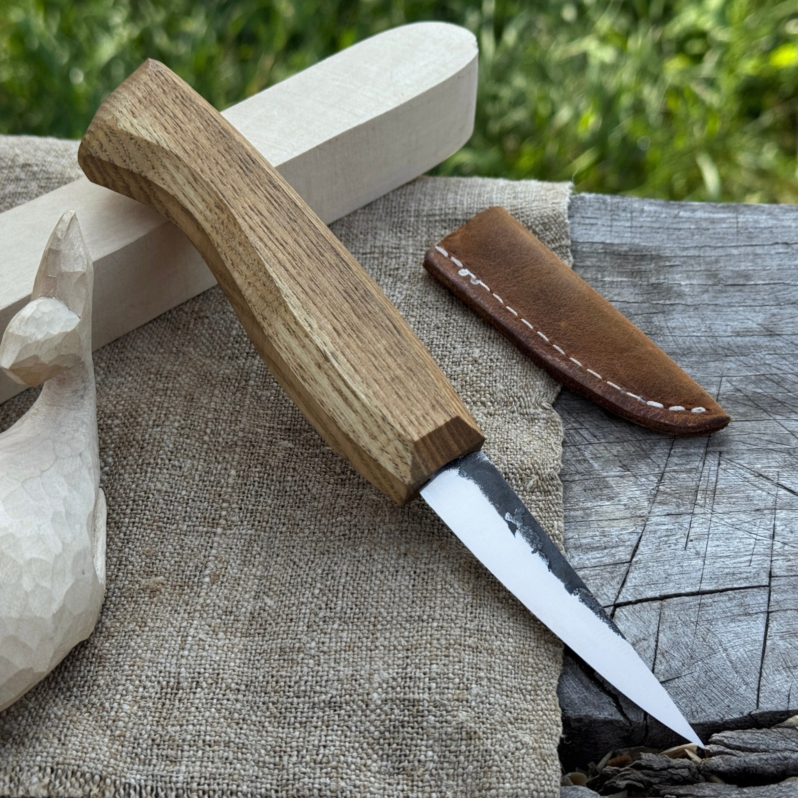 Sloyd Wood Carving Knife 2.95in 52100 Carbon Steel Ash Handle Leather Sheath