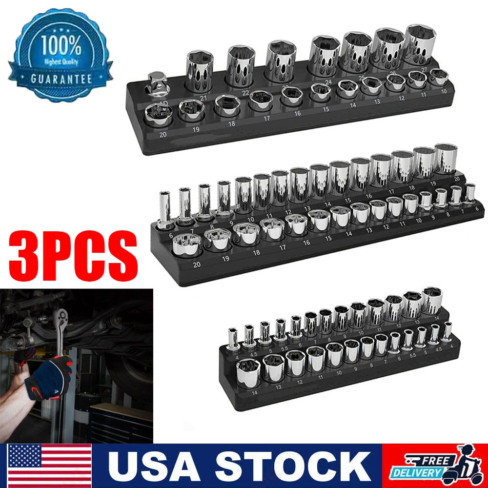 3PCS Magnetic Socket Organizer Set  1/4" 3/8" 1/2" Drive with 75 Slots Black
