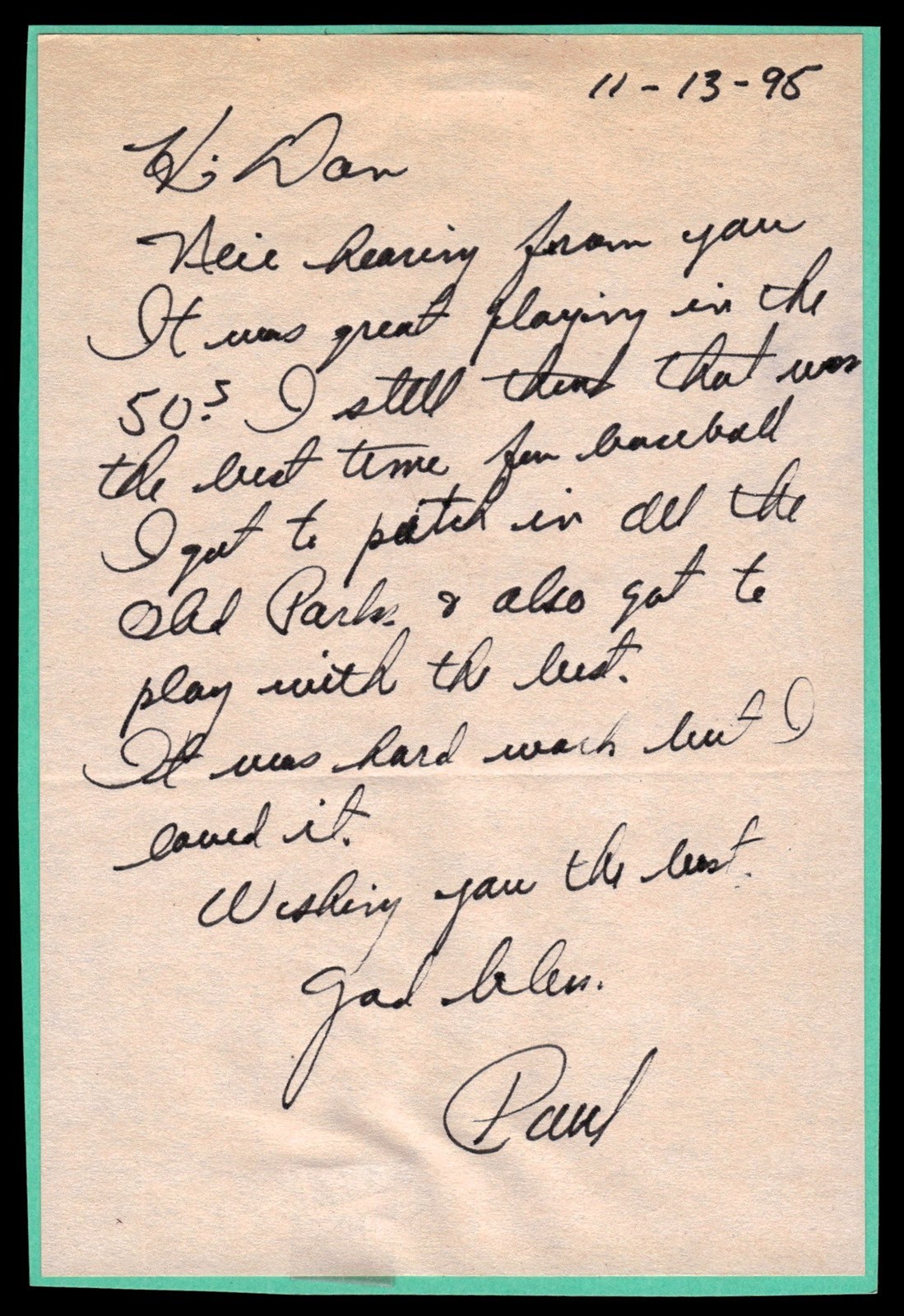 Paul LaPalme Pirates Baseball Signed Note Auto JSA Pre-Cert *X1739
