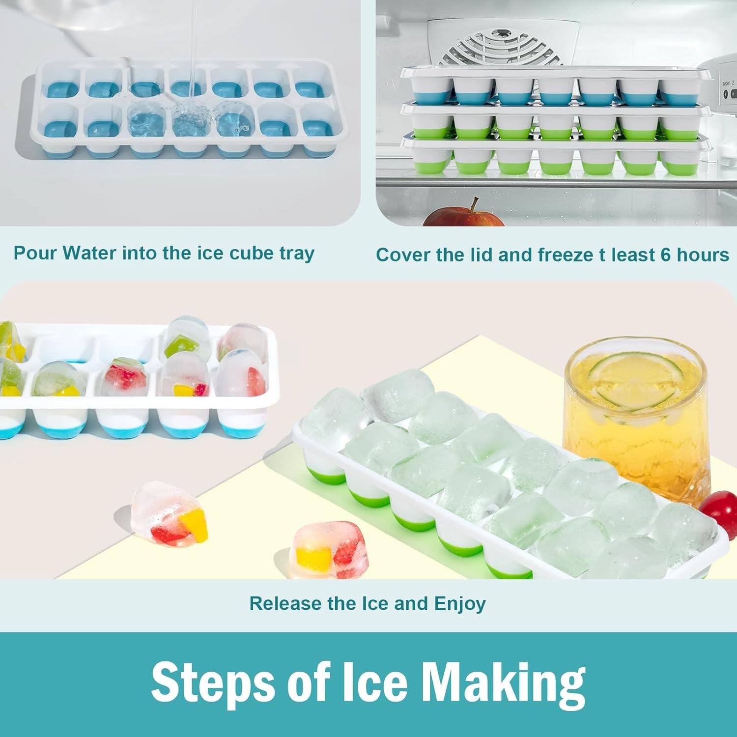 3 Pack Ice Cube Trays W/ Lids Flexible Silicone Bottom Easy Release Stackable