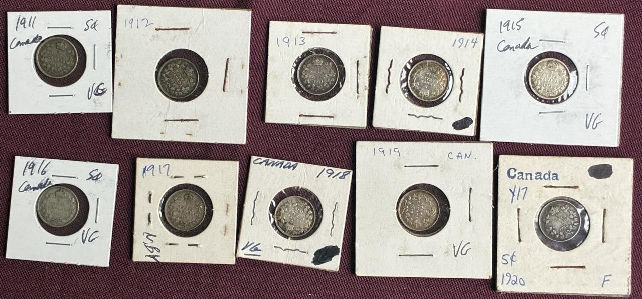REDUCED!! ONE A YEAR 1902-1920 CANADA 5 CENT SILVER PIECES INCLUDES 1908 & 1915