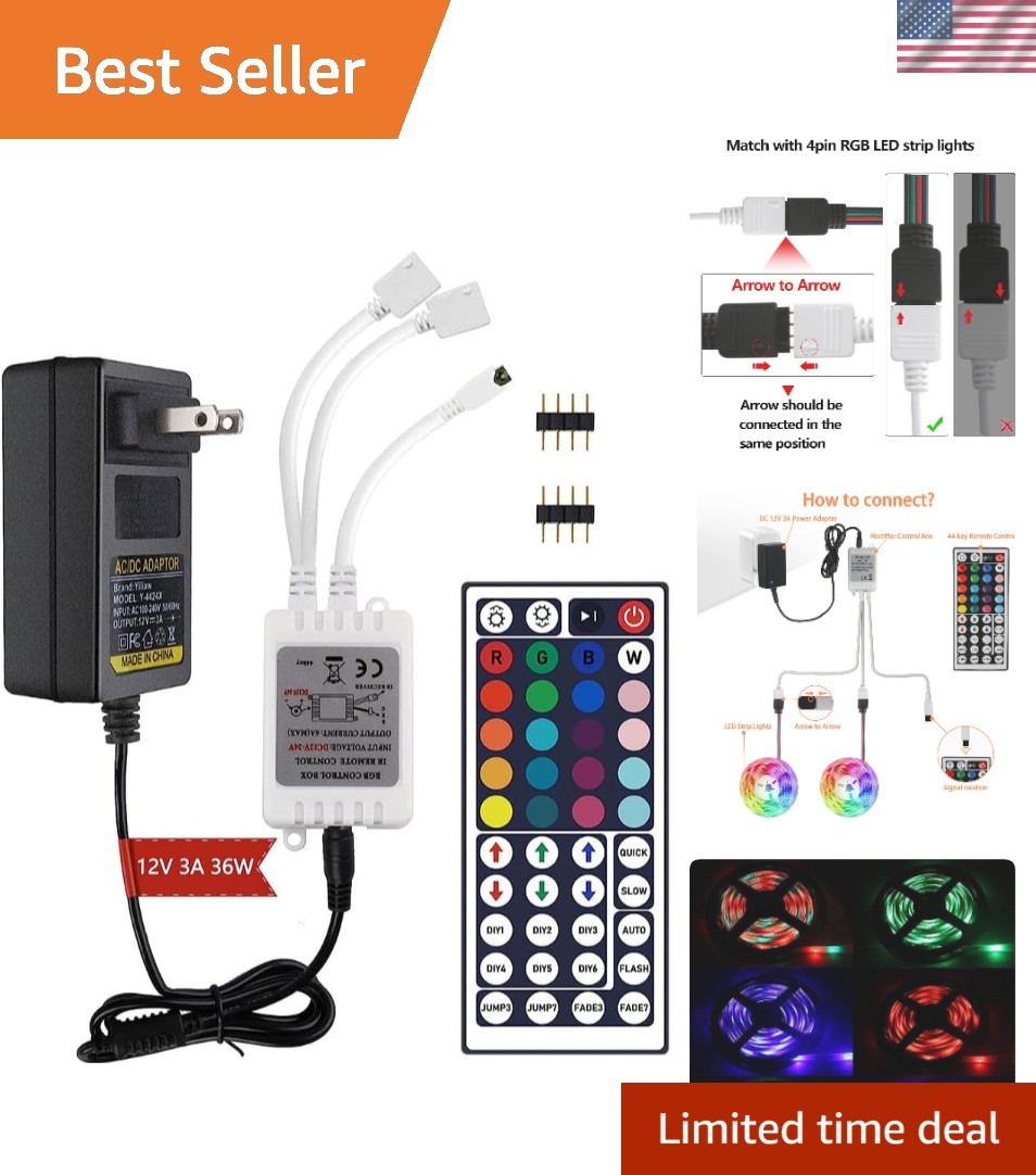 Versatile 44-Key Infrared Remote for RGB LED Strips with Control Box & Adapter