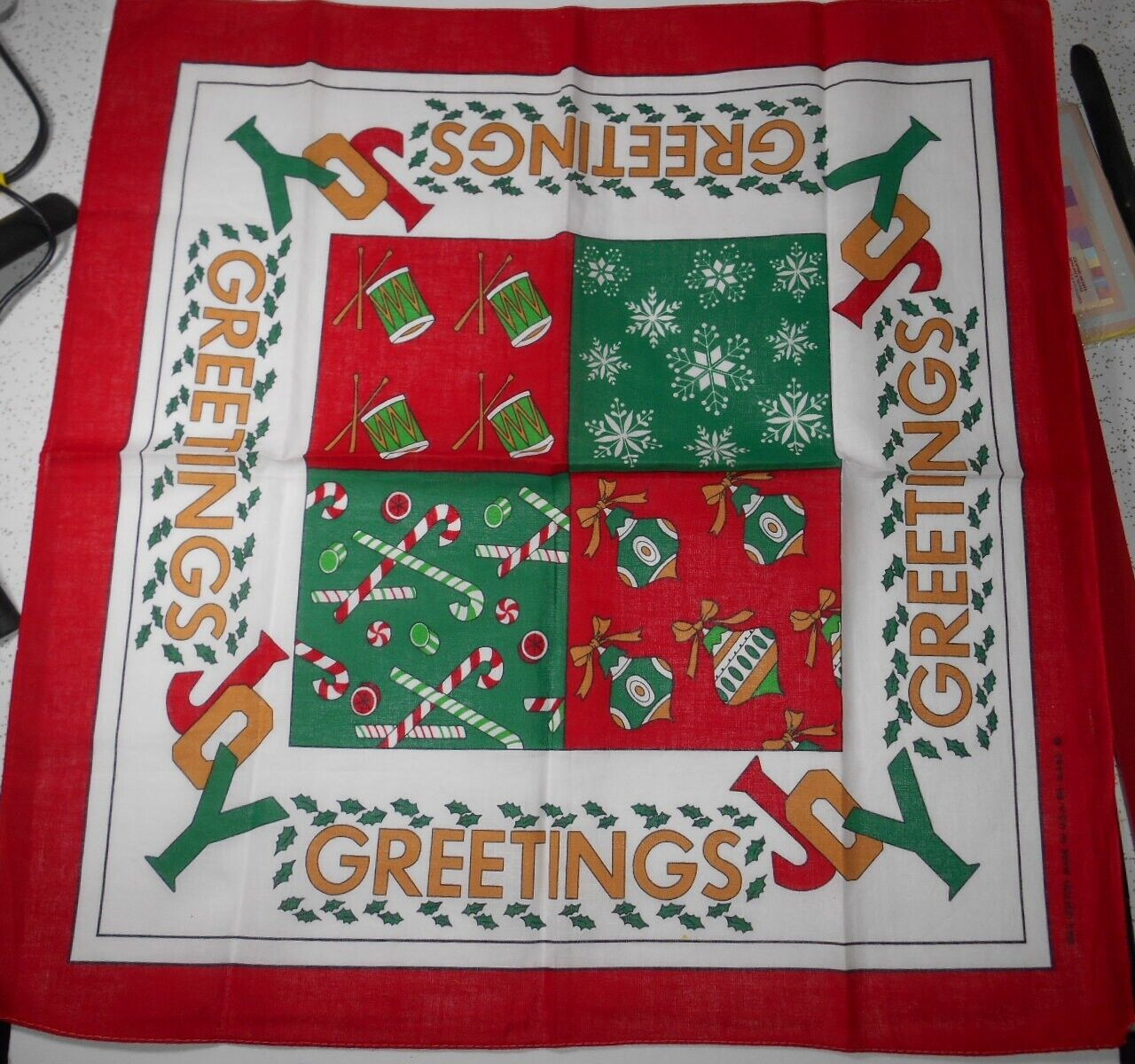 Vintage CHRISTMAS HOLIDAY Festive Bandana JOY GREETINGS Ornaments Snowflakes USA