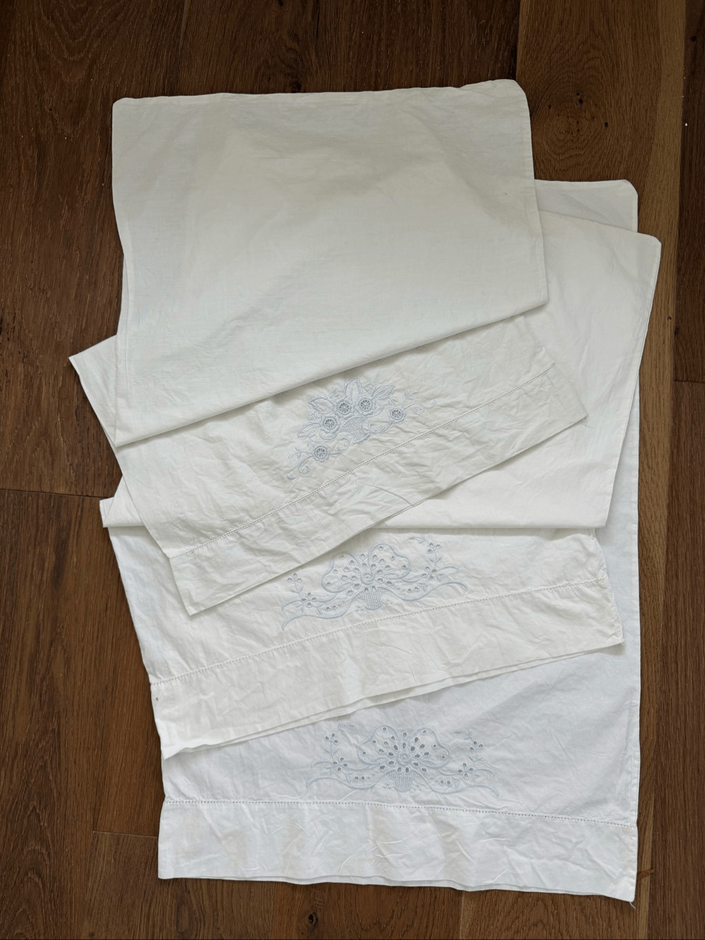 3 Vintage Queen Size Pillowcases Blue Embroidered Hemstitch