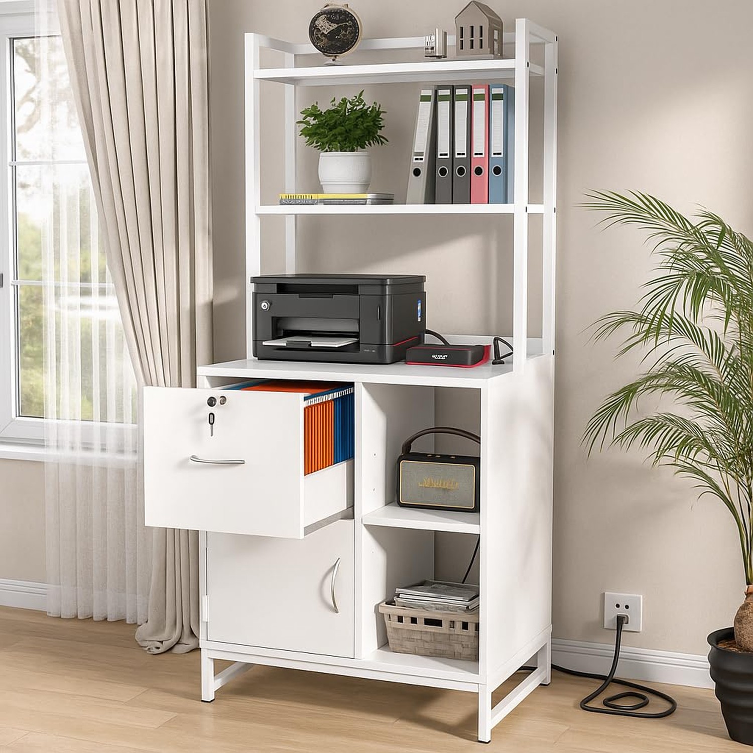 Vertical Filing Cabinet with Bookshelf for Home Office, White | File Cabinet ...