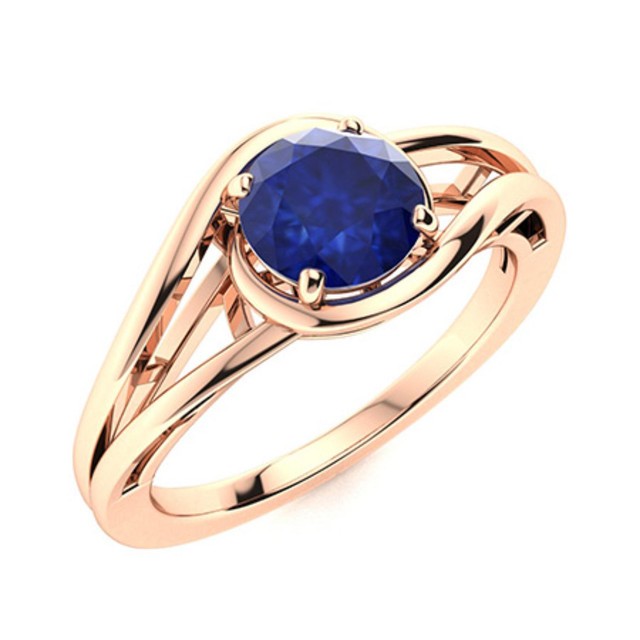 Solitaire Round Blue Sapphire Split Shank Ring 925 Sterling Silver Rose Plated