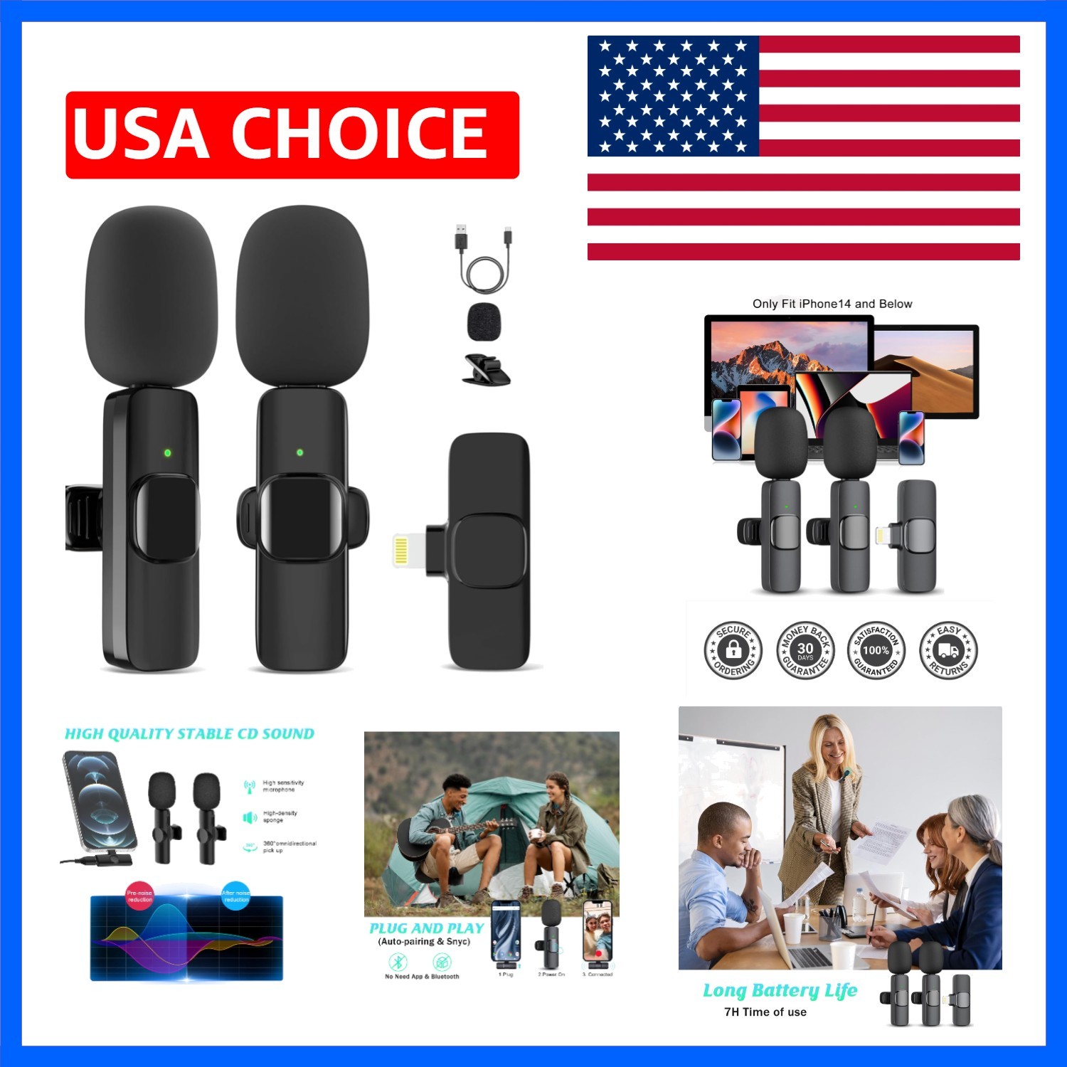 2 Pack Wireless Lavalier Microphones for iPhone 14 & Below with Noise Reduction