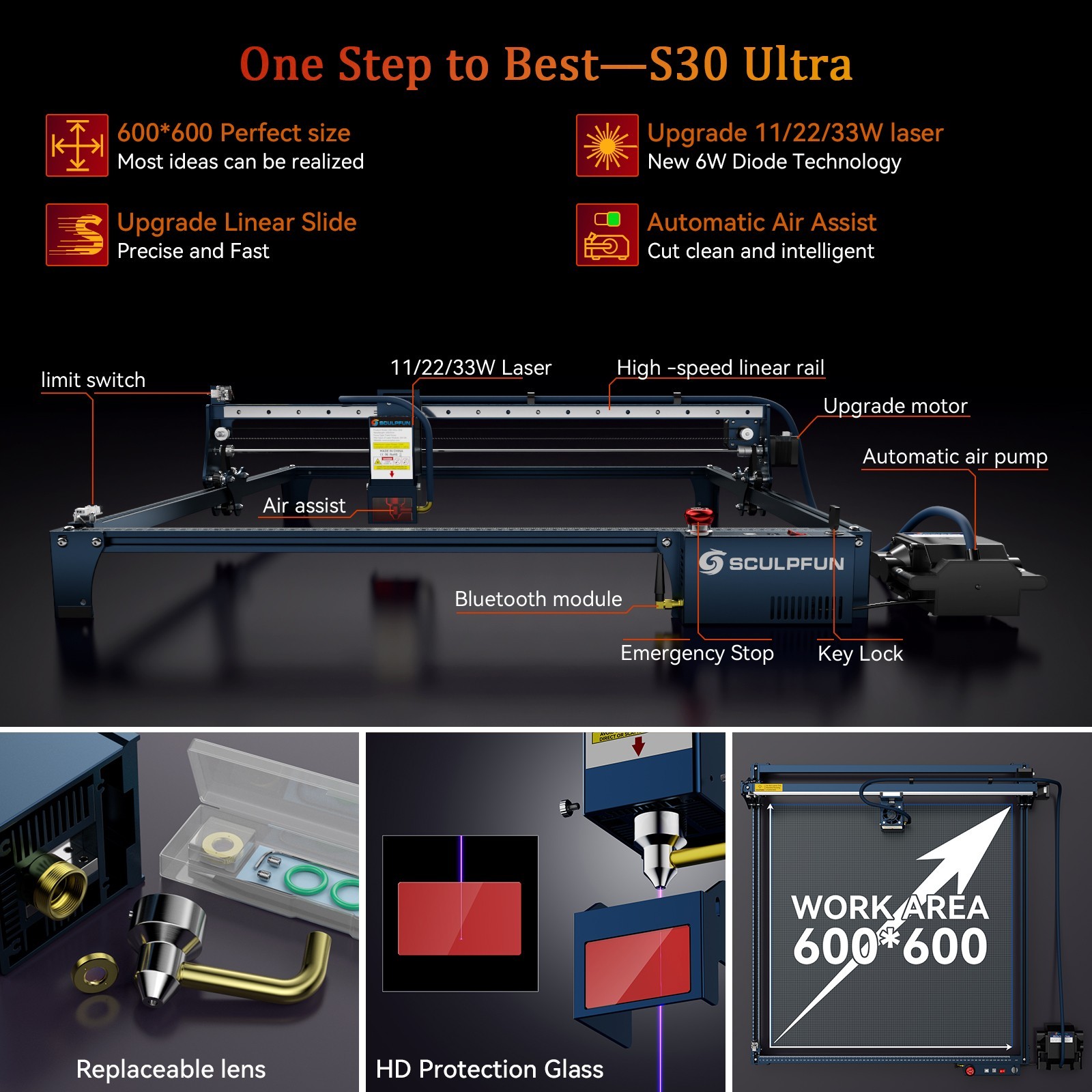 SCULPFUN S30 Ultra 22W Laser Engraver 600x600mm Large Area Auto Air Assist Cutte