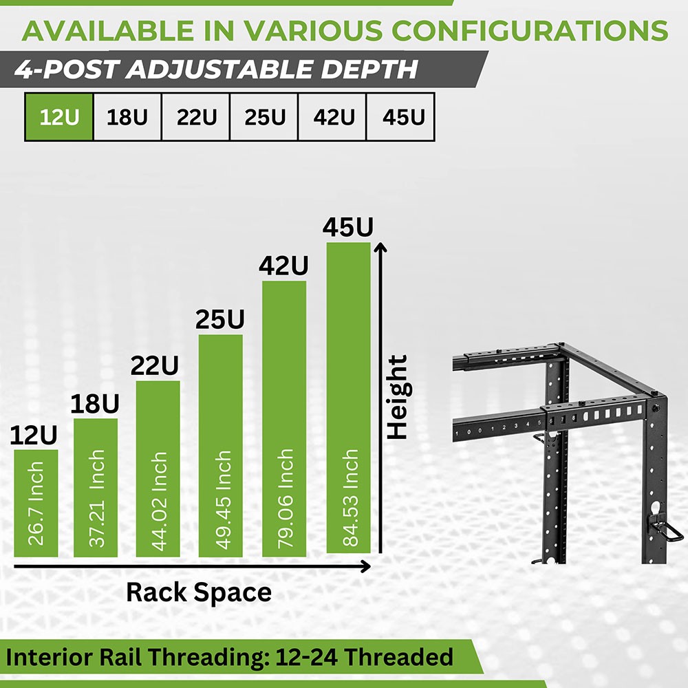 NavePoint 4-Post Open Frame Racks 19-inch Standard, Adjustable 22"-40",