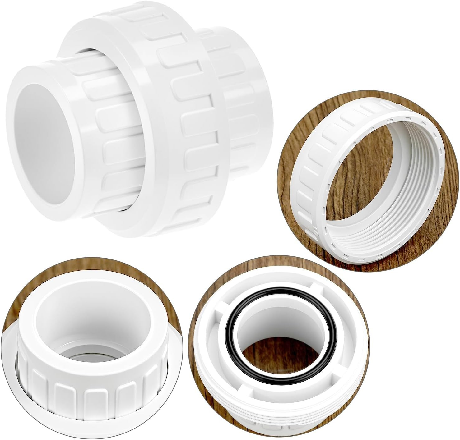 1-1/2” PVC Union Coupling Socket x Socket Slip EPDM O-Ring 4 Pack Fittings White