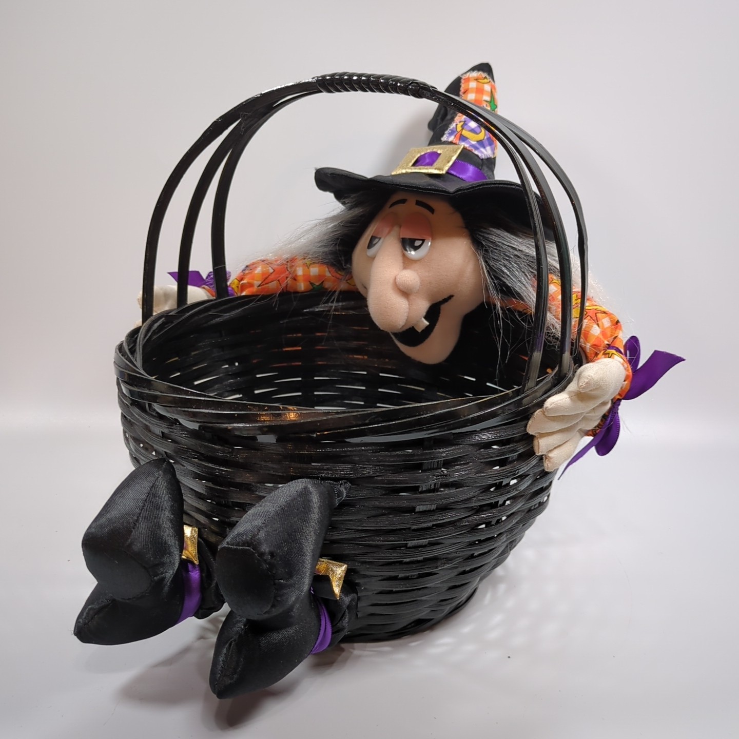 Vintage Halloween Plush Witch Wicker Basket Candy Bowl