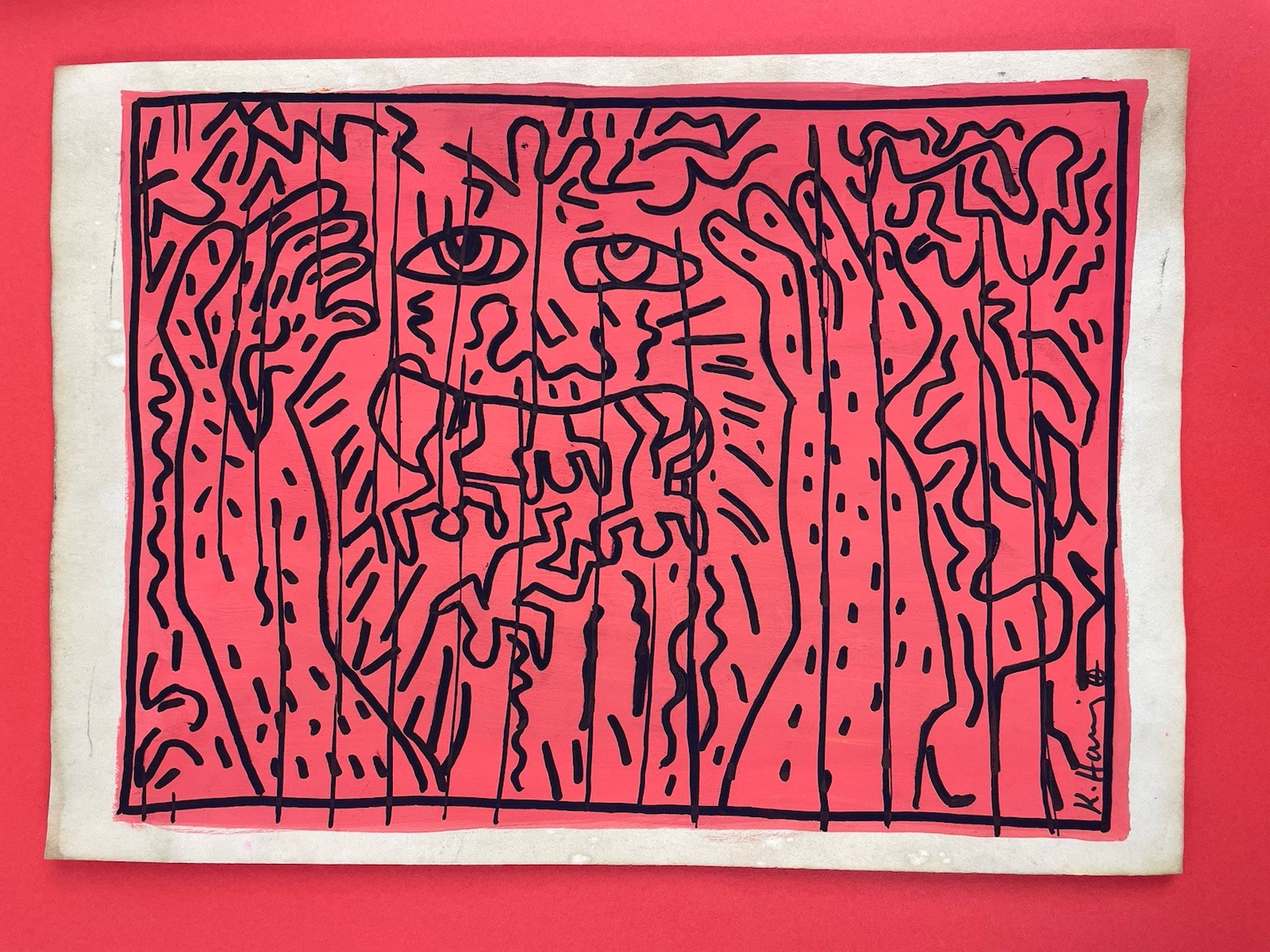 Keith Haring (Handmade) Drawing mixed media on paper signed & stamped