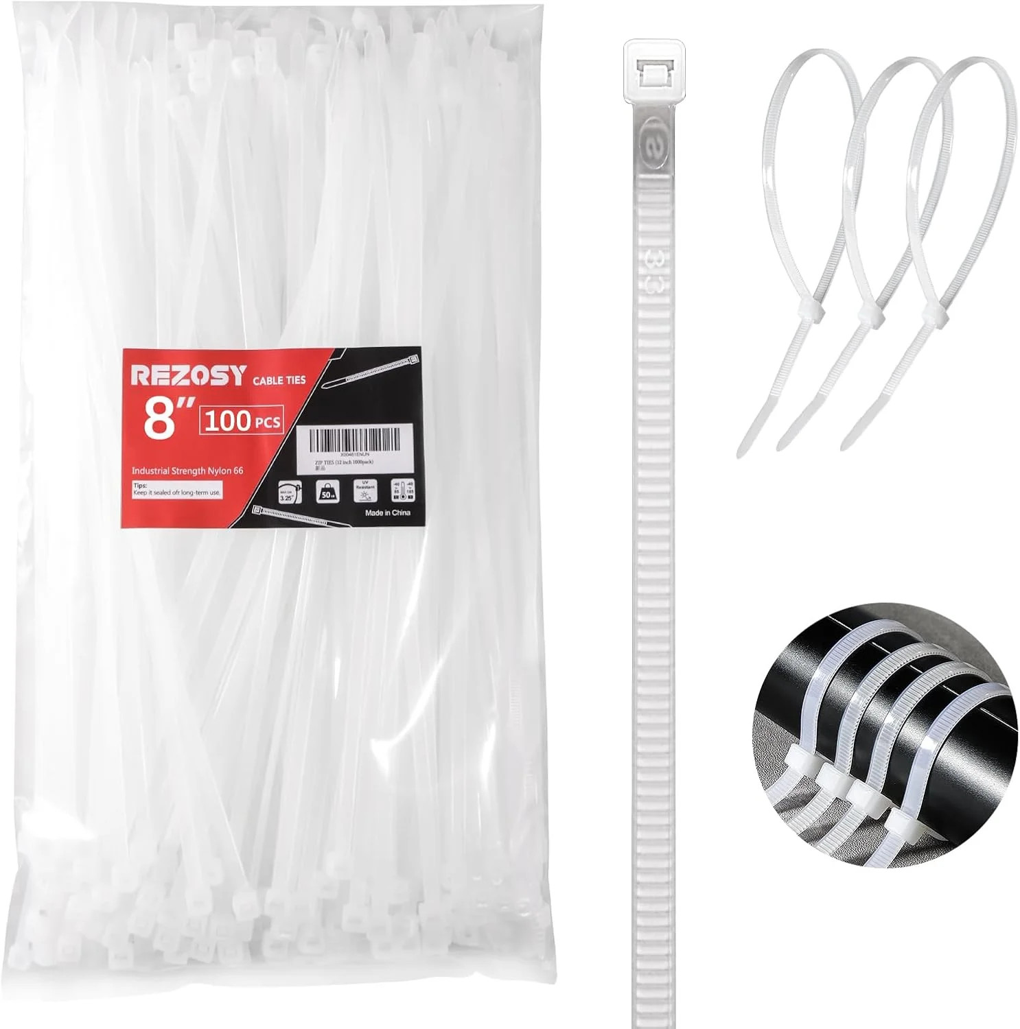 White Zip Ties 8 Inch 100 Pack Clear Tensile Strength 40 lbs UV Resistant Indust