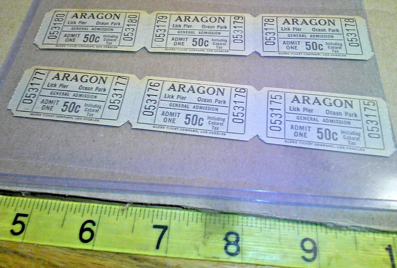 Vintage Lot 50c admit 1 Tickets Aragon Ballroom Lick Pier Ocean Park California