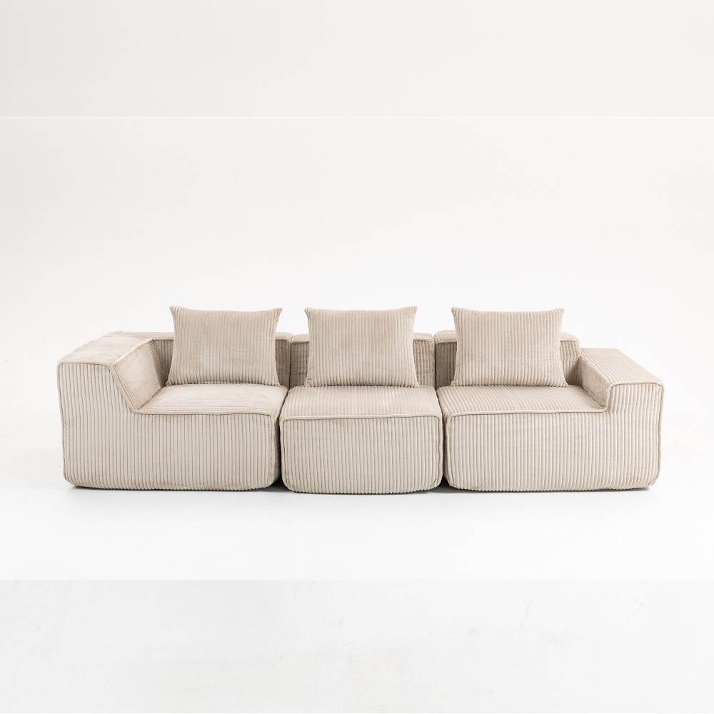 Corduroy Sofa Sectional 3-Seater Modular Deep Seating Couch Beige