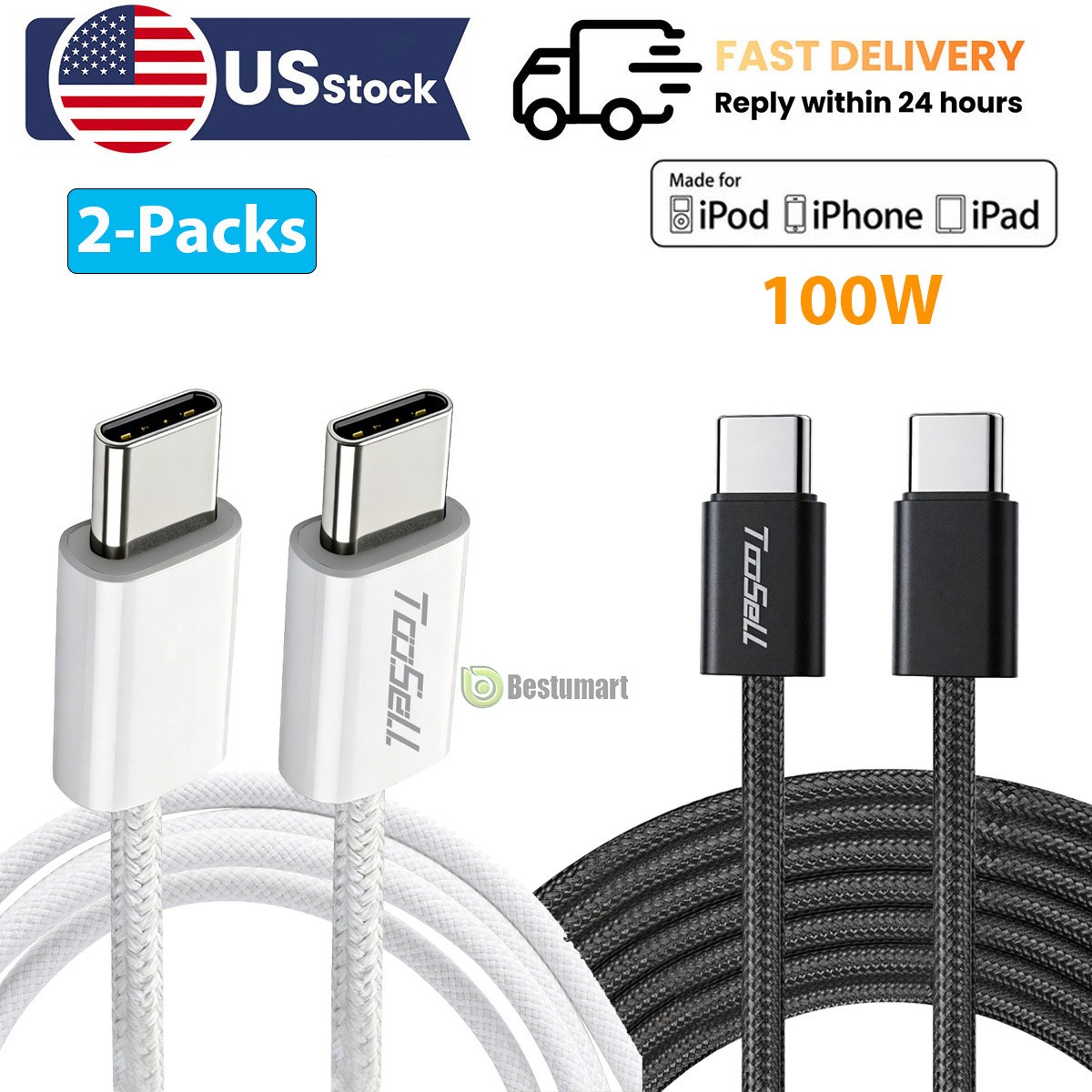 2 Pack USB-C to USB-C Fast Charging Cable Type C Quick Charging Cord Data SYNC